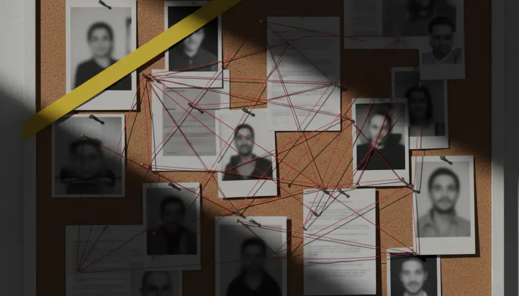 Tablero con documentos, cinta policial y notas de investigación