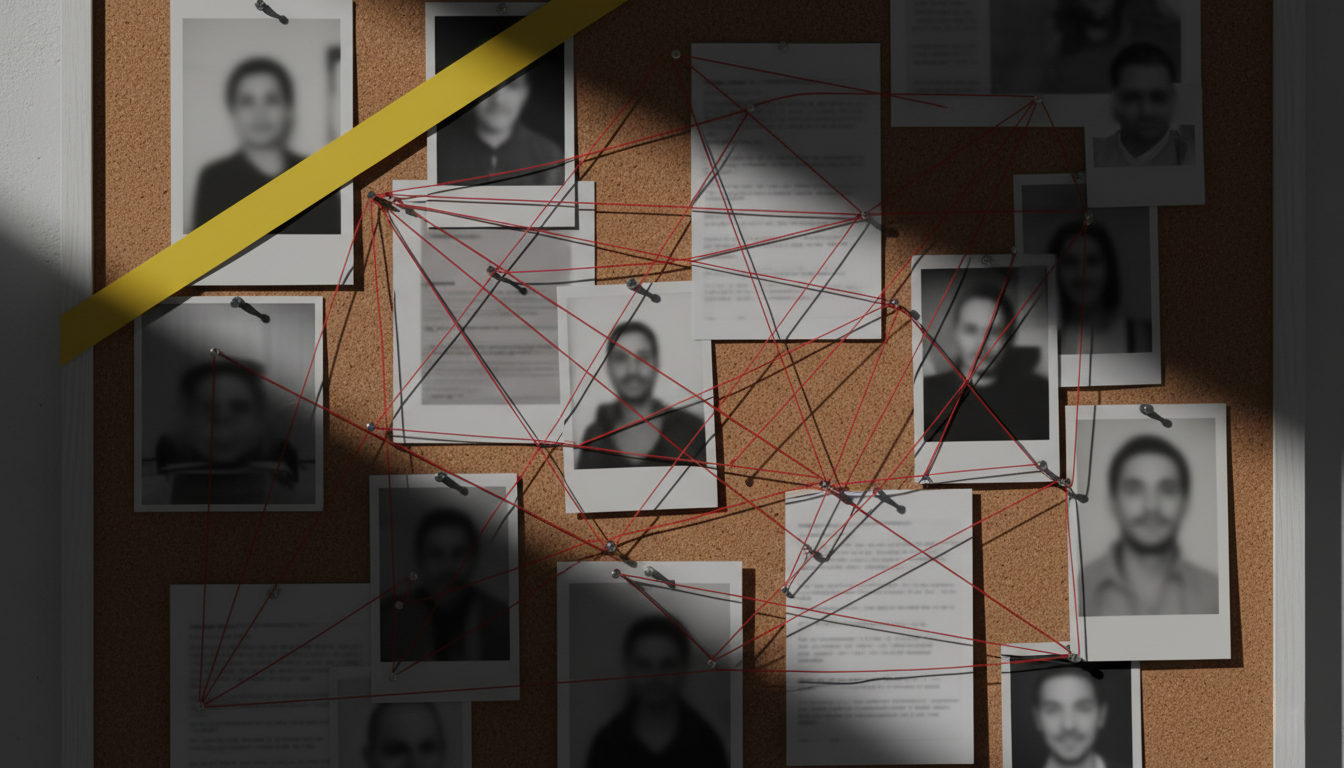 Tablero con documentos, cinta policial y notas de investigación