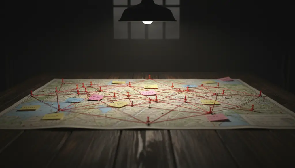 Mapa con chinchetas marcando ubicaciones clave