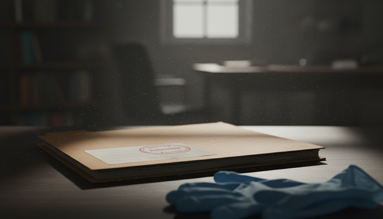 Carpeta de archivo judicial bajo luz dramática