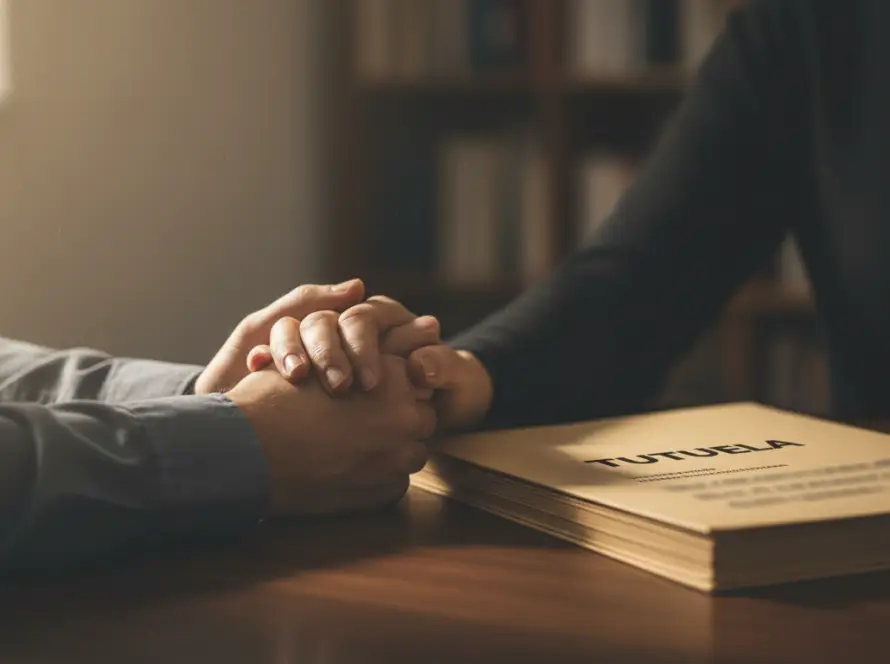 Manos entrelazadas junto a expediente de tutela en mesa