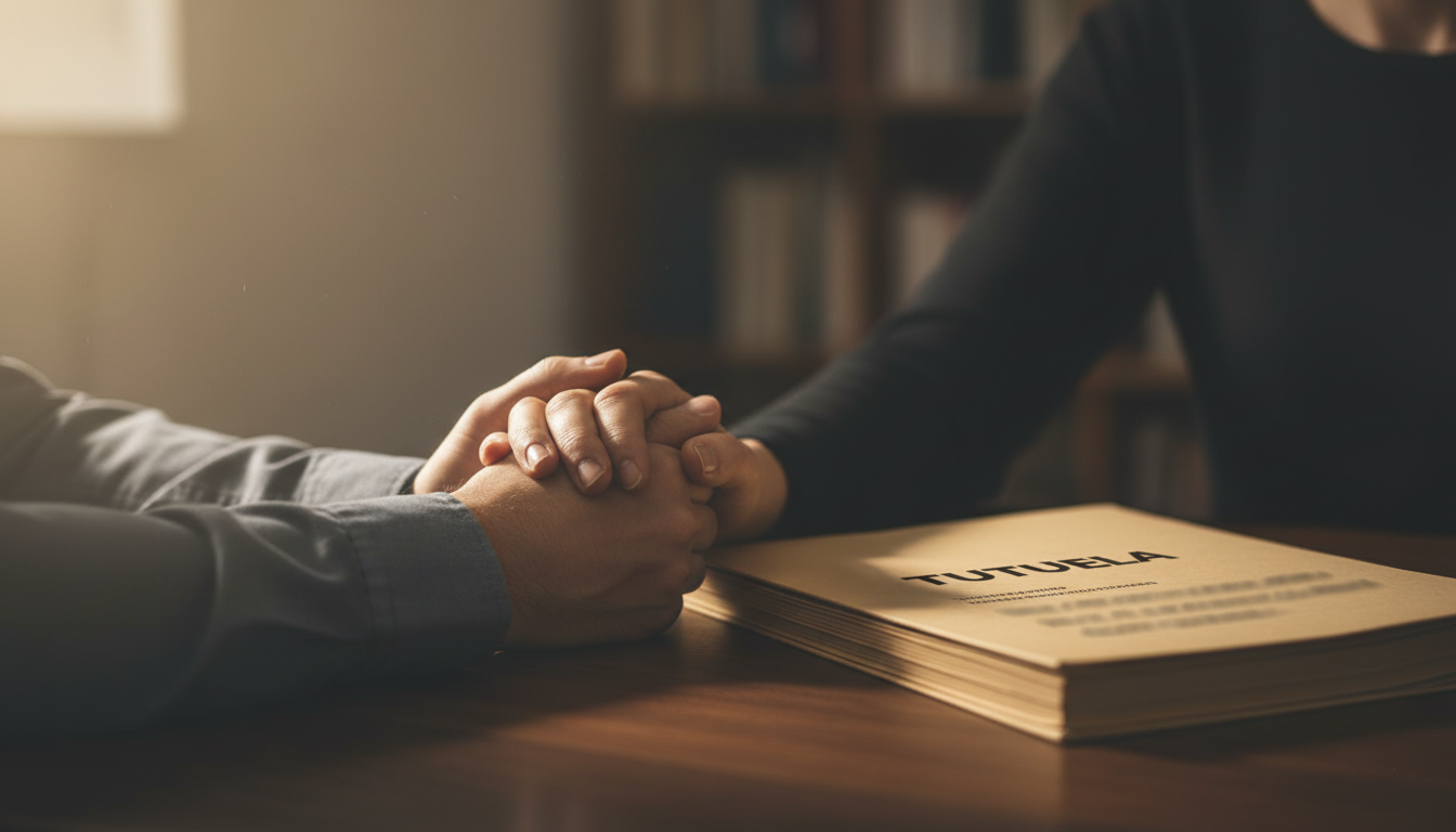 Manos entrelazadas junto a expediente de tutela en mesa